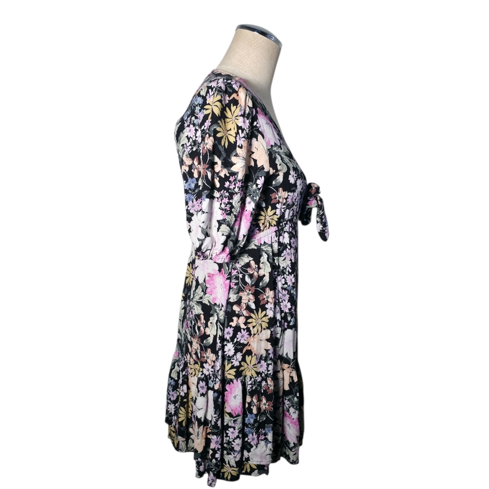 Saltwater Luxe Floral Mini Dress Small Black Pink Boho Tie Front Puff Sleeve - Picture 8 of 13
